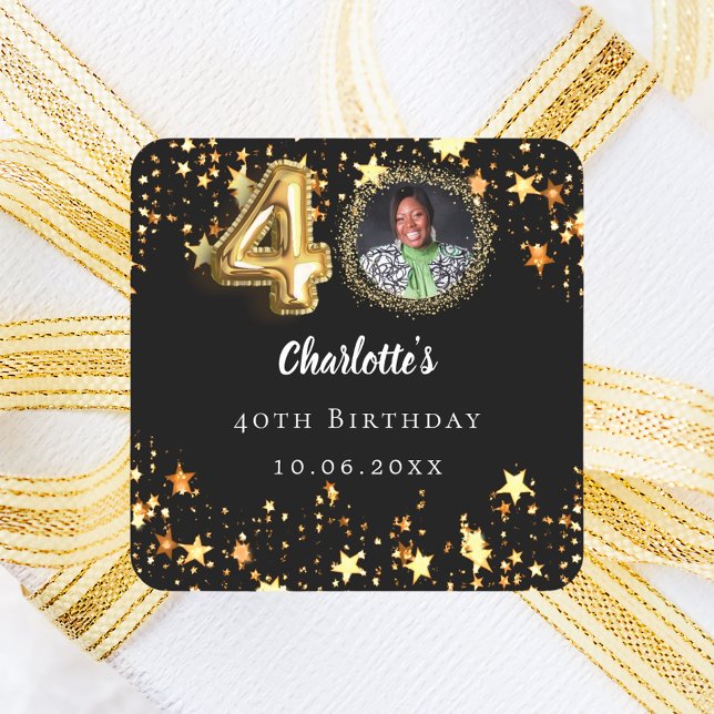 40th birthday black gold stars photo square sticker (Creator Uploaded)