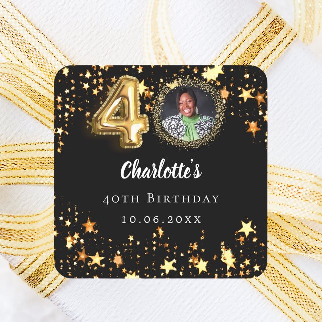 40th birthday black gold stars photo square sticker (Creator Uploaded)