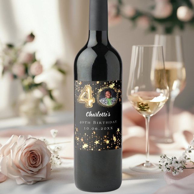 40th birthday black gold stars photo wine label (Creator Uploaded)