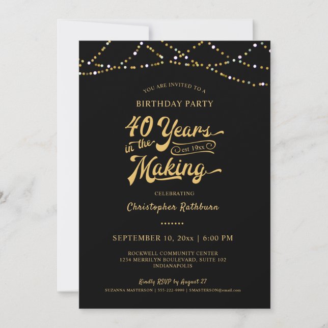 40th Birthday Black Gold String Lights Invitation (Front)