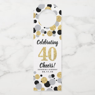 40th Birthday Black Grey Gold Glitter Confetti Bottle Tag