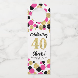 40th Birthday Black Hot Pink Gold Glitter Confetti Bottle Tag