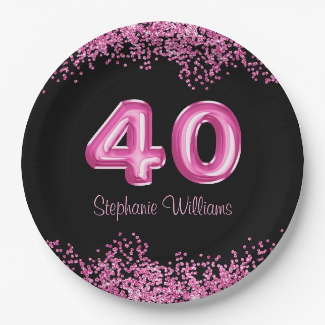 40th Birthday Black Pink Balloons Faux Glitter Paper Plate (Front)