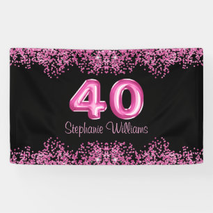 40th Birthday Black Pink Balloons Glitter Party Banner