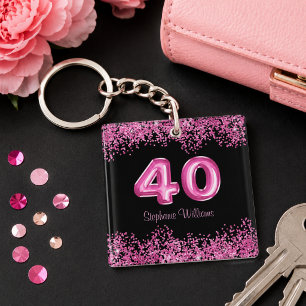 40th Birthday Black Pink Balloons Glitter Party Key Ring
