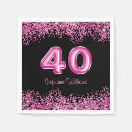 40th Birthday Black Pink Balloons Glitter Party  Napkin