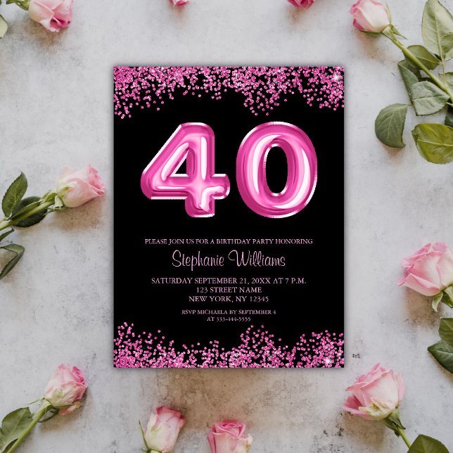 40th Birthday Black Pink Balloons Glitter Party Postcard (Customize with your 40th Birthday event details)