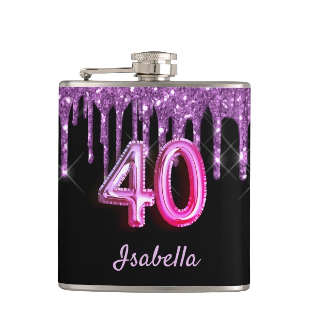40th birthday black purple glitter name hip flask (Front)