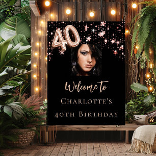 40th Birthday black rose gold photo star welcome Poster