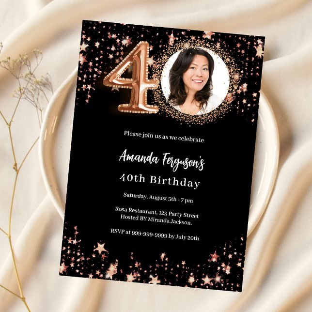 40th Birthday black rose gold photo stars luxury Invitation (Creator Uploaded)