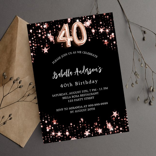 40th birthday black rose gold stars invitation postcard (Creator Uploaded)