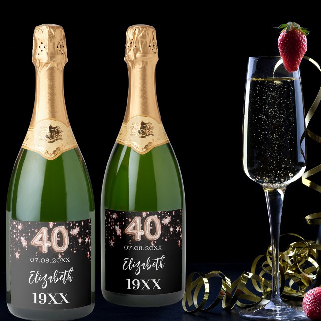 40th Birthday black rose gold stars Sparkling Wine Label (Creator Uploaded)