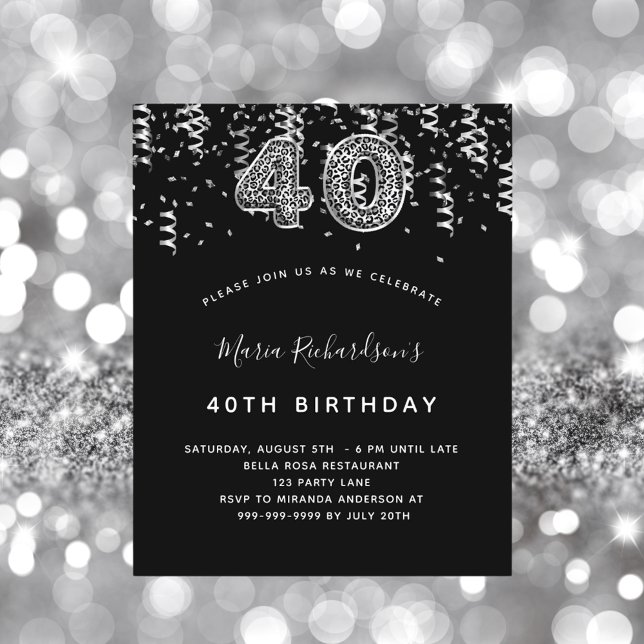 40th birthday black silver leopard invitation (Creator Uploaded)