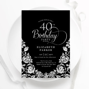 40th Birthday Black Silver Roses Invitation