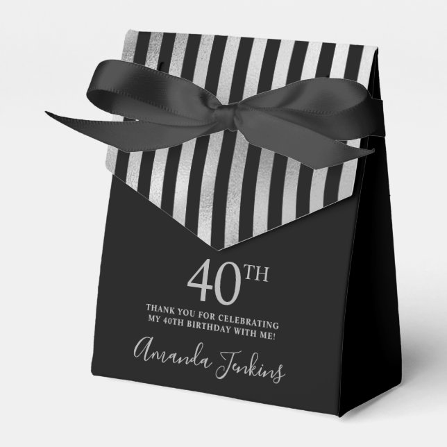 40th Birthday Black Silver Striped Thank You Favour Box (Front Side)
