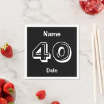 40th Birthday Black White Add Name Date Napkin<br><div class="desc">Personalise 40th Birthday Party Paper Napkins.  Black and white over the hill theme Custom Celebration Supplies and Decor for the 40 year Old.  Create Your Own Personal touch for the Birthday Man or Woman.</div>
