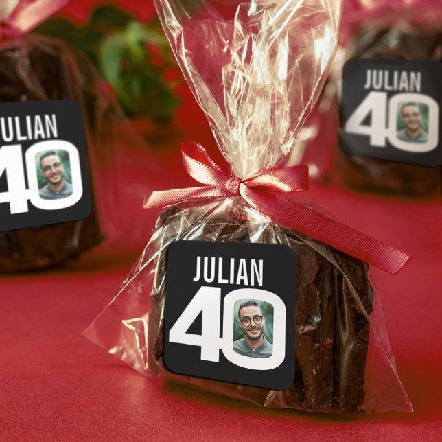 40th birthday black white custom photo name favour square sticker (Creator Uploaded)