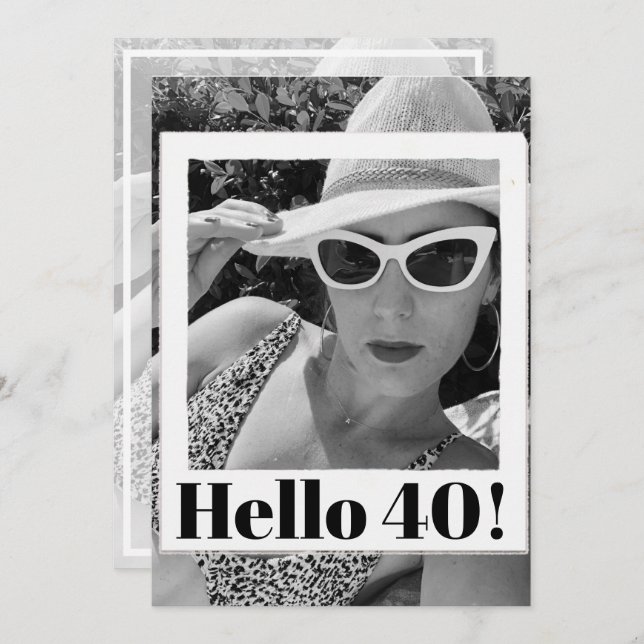 40th Birthday Black White  Photo Frame Modern Chic Invitation (Front/Back)