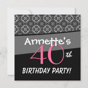 40th Birthday Black White Pink Ornate Diamonds G50 Invitation