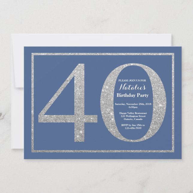 40th Birthday Blue and Silver Glitter Invitation (Front)