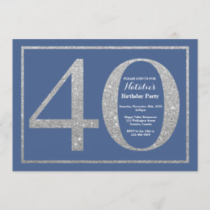 40th Birthday Blue and Silver Glitter Invitation