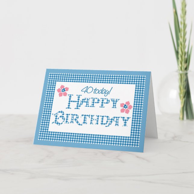 40th Birthday, Blue Check Gingham Pattern Card (Front)