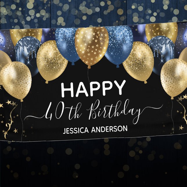 40th Birthday Blue Gold Balloons  Banner (Creator Uploaded)