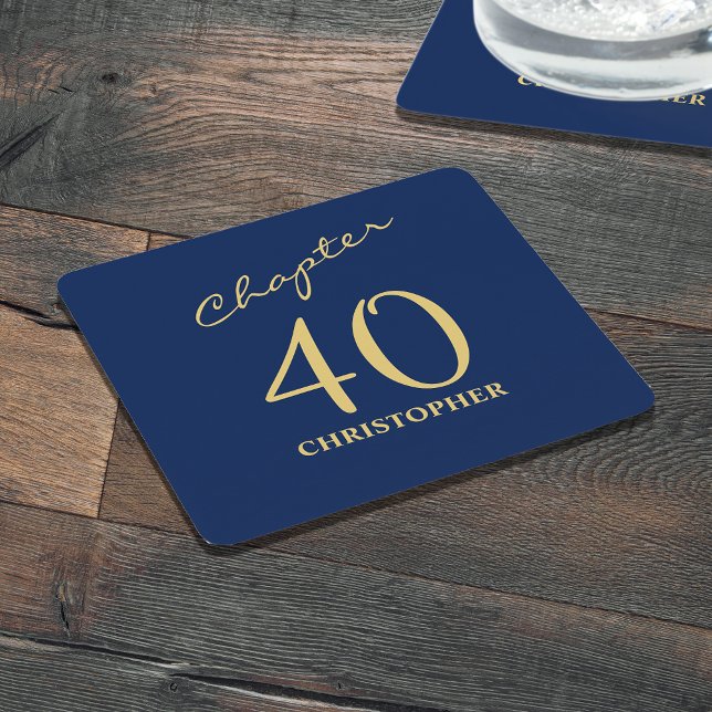 40th Birthday Blue Gold Chapter 40 Square Paper Coaster (Personalized 40th birthday paper coasters in blue and gold.)