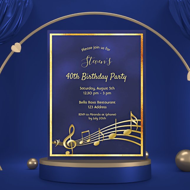 40th birthday blue gold music notes invitation postcard (Creator Uploaded)