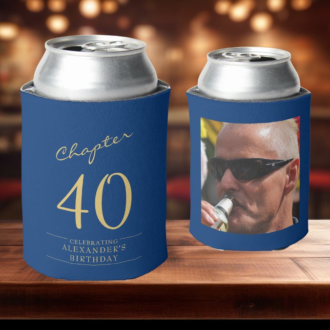 40th Birthday Blue Gold Photo Template Can Cooler (Custom 40th birthday can coolers in blue and gold with photo on rear sat on a bar top.)
