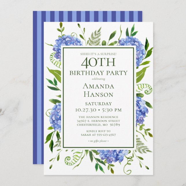 40th Birthday Blue Hydrangeas Surprise Party Invitation (Front/Back)