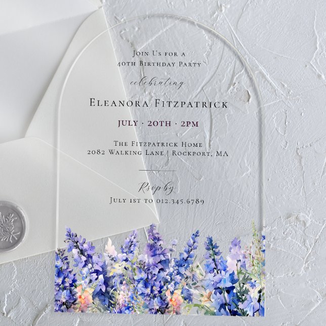 40th Birthday Blue Larkspur July Birth Flower Arch Acrylic Invitations (Creator Uploaded)