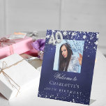 40th Birthday blue silver stars photo welcome Pedestal Sign<br><div class="desc">A welcome sign for a 40th birthday party.  A navy blue background with elegant faux silver stars. The blue colour is uneven.  Personalise and add a photo,  name and text.  White letters.</div>