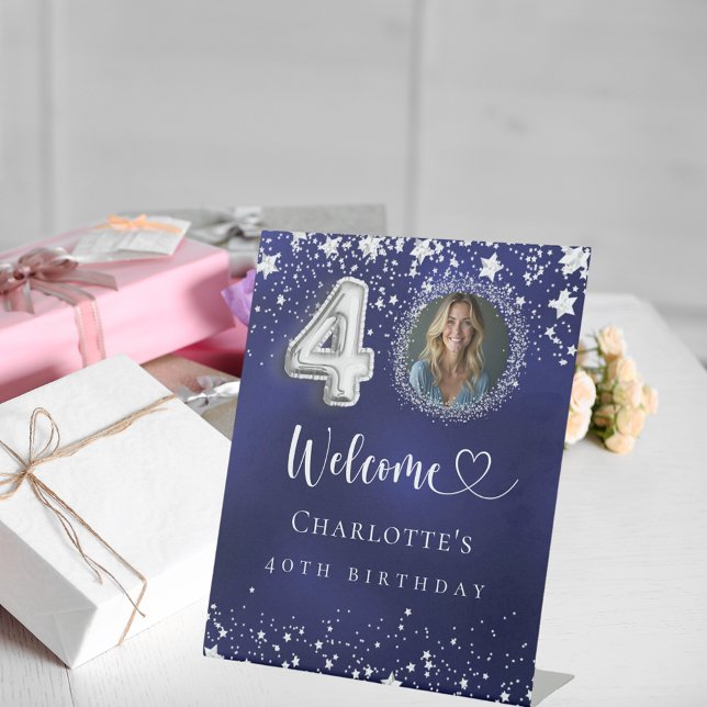 40th Birthday blue silver stars photo welcome Pedestal Sign (Creator Uploaded)