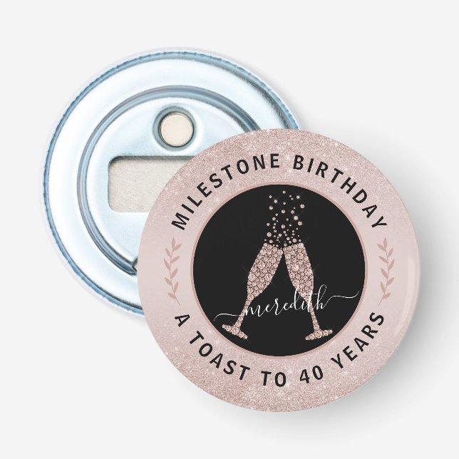 40th Birthday Blush Pink Glitter Champagne Toast Bottle Opener (Front)