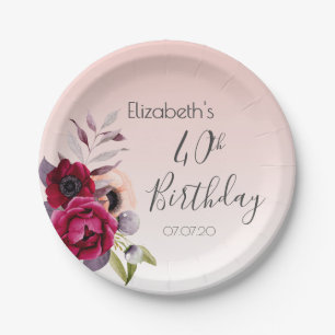 40th birthday blush pink rose gold floral paper plate