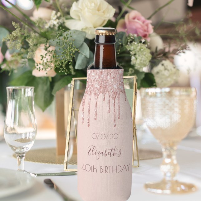40th birthday blush rose gold glitter drips name bottle cooler (Creator Uploaded)