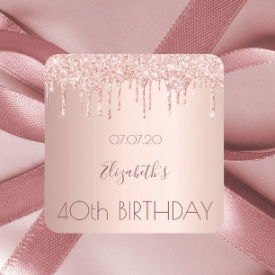 40th birthday blush rose gold glitter drips name square sticker