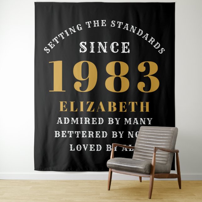 40th Birthday Born 1983 Add Name Black Gold Large Tapestry (In Situ)