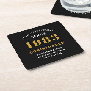40th Birthday Born 1983 Add Name Black Gold Square Paper Coaster