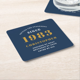 40th Birthday Born 1983 Add Name Blue Gold Square Paper Coaster