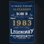 40th Birthday Born 1983 Add Name Legend Blue Gold Banner<br><div class="desc">Personalised birthday banner. Add the name to this vintage style retro print birthday banner. Edit the name and year with the template provided. A wonderful custom blue birthday wall hanging with white and gold vintage style typography.  More gifts and party supplies available with the "Legendary" design in the store.</div>