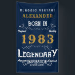 40th Birthday Born 1983 Add Name Legend Blue Gold Banner<br><div class="desc">Personalised birthday banner. Add the name to this vintage style retro print birthday banner. Edit the name and year with the template provided. A wonderful custom blue birthday wall hanging with white and gold vintage style typography.  More gifts and party supplies available with the "Legendary" design in the store.</div>