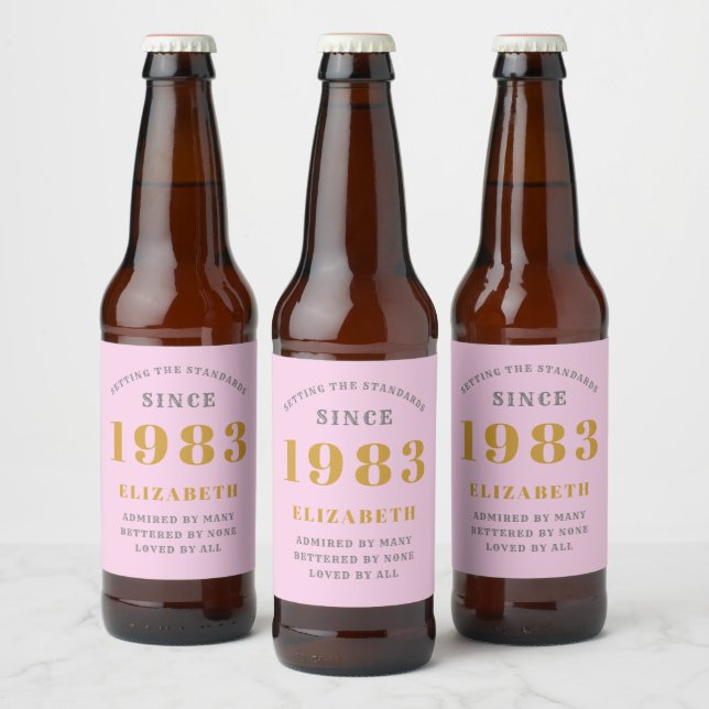 40th Birthday Born 1983 Add Name Pink Gray Beer Bottle Label (Bottles)