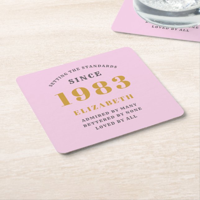 40th Birthday Born 1983 Add Name Pink Gray Square Paper Coaster (Angled)