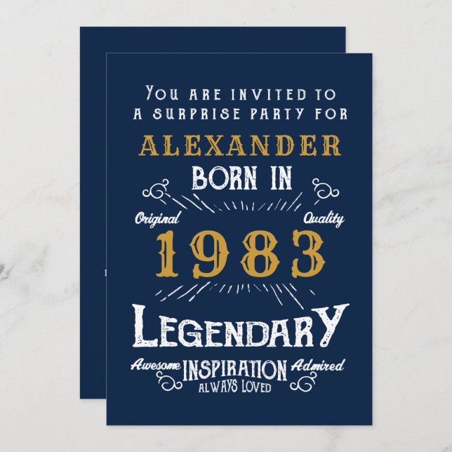 40th Birthday Born 1983 Blue Gold Retro Legend Invitation (Front/Back)