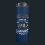 40th Birthday Born 1983 Legend Blue Gold Add Name Thermal Tumbler<br><div class="desc">Birthday "Original Quality Legendary Inspiration" thermal tumbler. Add the name and year as desired in the template fields creating a unique birthday celebration item. Team this up with the matching gifts,  party accessories,  and clothing available in our store www.zazzle.com/store/thecelebrationstore</div>