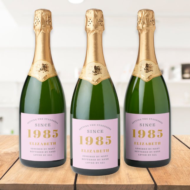 40th Birthday Born 1985 Add Name Pink Grey Sparkling Wine Label (Personalized 40th birthday pink labels on champagne bottles)