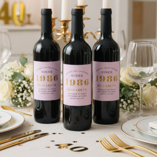 40th Birthday Born 1986 Add Name Pink Grey Wine Label