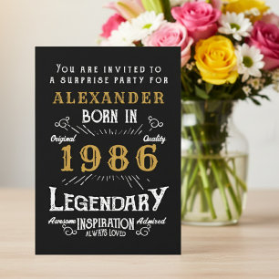 40th Birthday Born 1986 Black Gold Retro Vintage Invitation